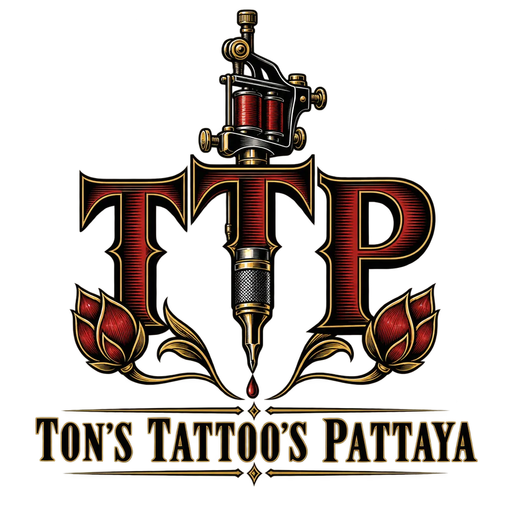 Ton's Tattoo's Pattaya logo: TTP with a coil tattoo machine, a pen nib tip, red lotus buds and a drop of ink