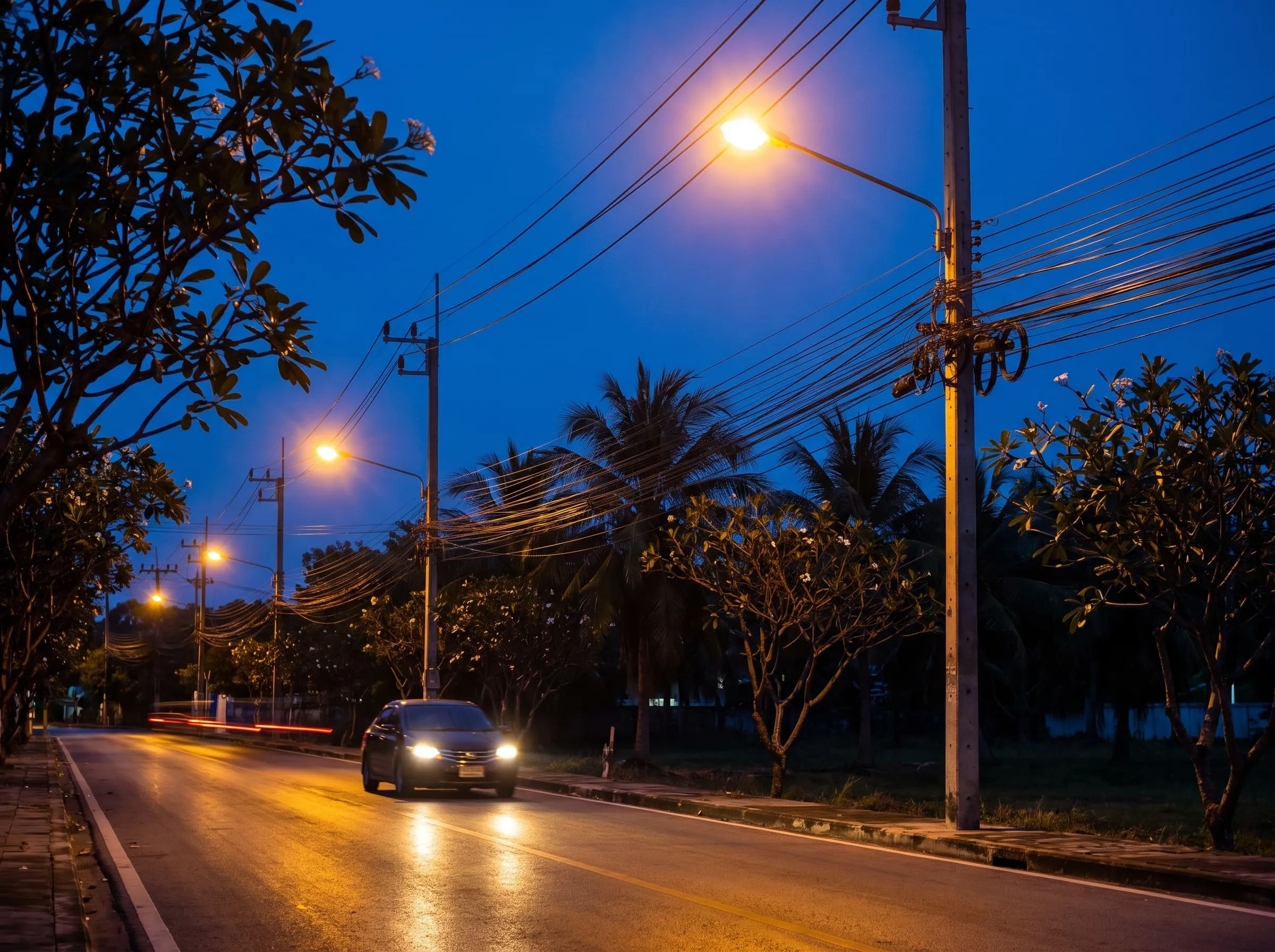 ถนนสองข้างทางมีต้นมะพร้าวในพัทยา ยามพลบค่ำใต้แสงไฟถนน